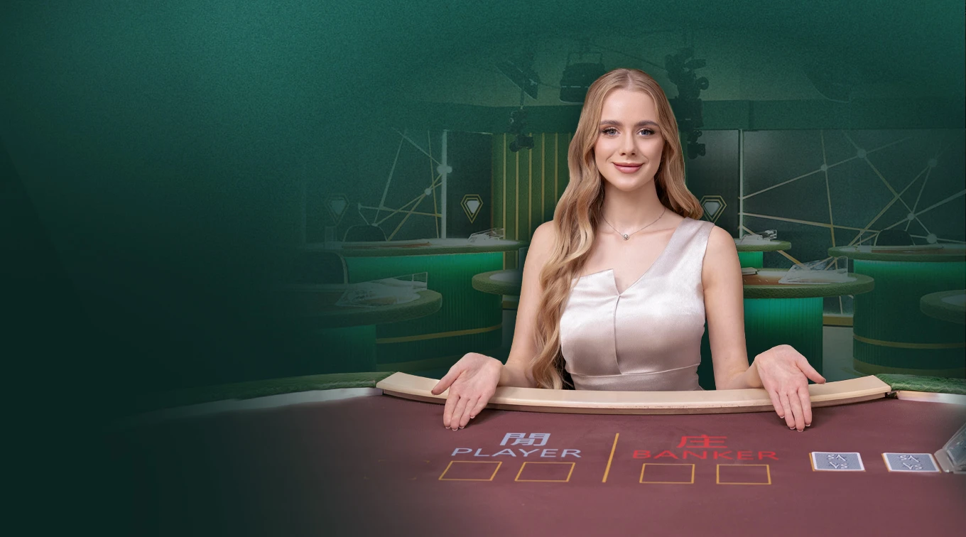 Image for an online casino game featuring a female dealer in a red dress at a gaming table. She is positioned in front of cards, with labels 'PLAYER' and 'BANKER' visible on the table. The background shows a stylish casino setting.