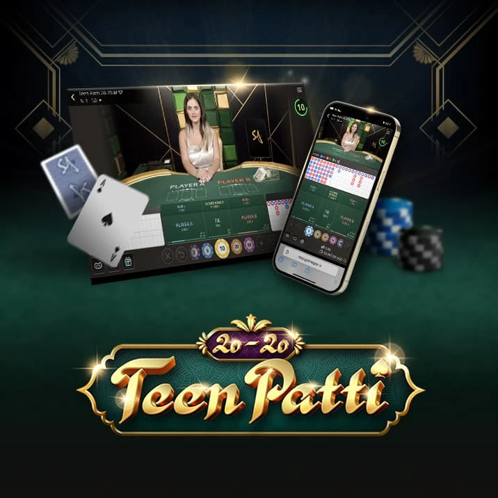 Image for an online Teen Patti game featuring a dealer at a gaming table on the left and a mobile interface on the right. The text 'TEEN PATTI' is prominently displayed at the bottom, accompanied by playing cards and colorful poker chips.
